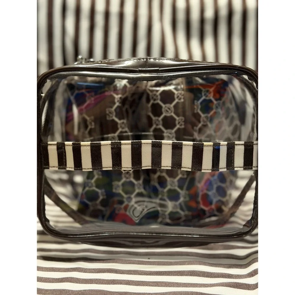 Henri Bendel Clear 3 Piece Cosmetic Case Set Brown White Striped Travel Bag